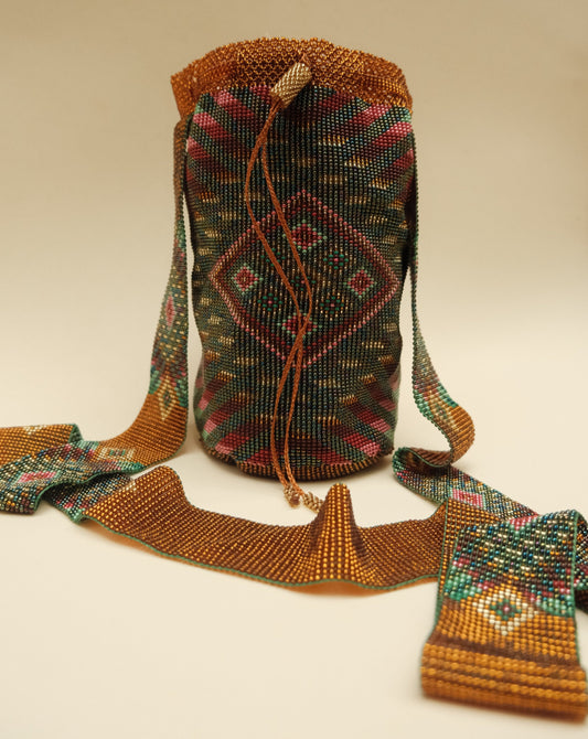 COPPER MAROON AND GREEN NATIVE BEADED MOCHILA