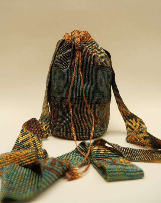 COPPER GOLD AND GREEN NATIVE BEADED MOCHILA