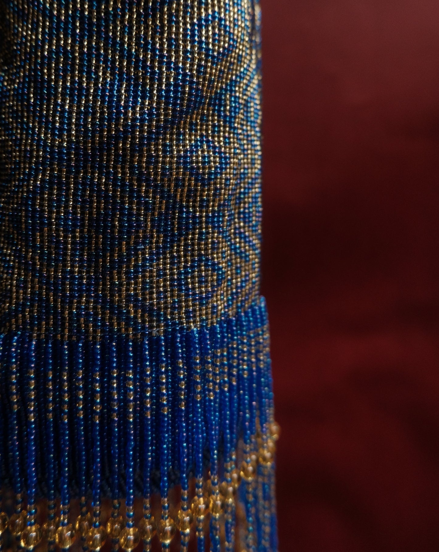 BLUE AND GOLD TASSELS BEADED MOCHILA